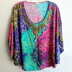 Chico’s Beaded Boho Blouse | Jewel-Tone Patchwork & Flowy Goddess Fit